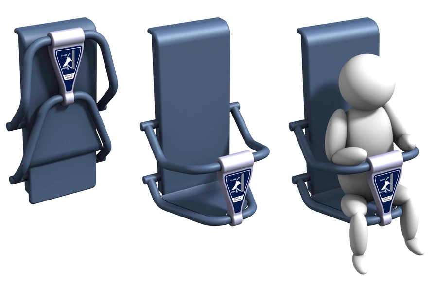Martek Baby Holder: il seggiolino di sicurezza ferroviario nelle tre posizioni — chiuso, aperto e con bambino seduto